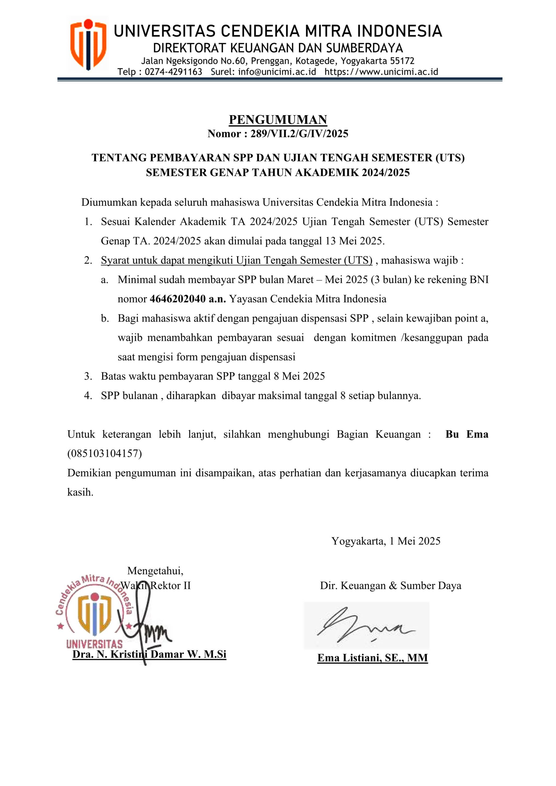 Pengumuman Pembayaran Biaya Kuliah untuk Syarat UTS Semester Genap 2024-2025