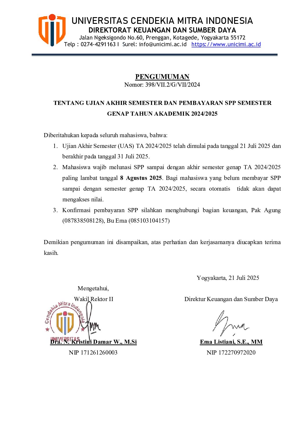 Pengumuman UAS dan Pembayaran SPP Semester Genap 2024-2025